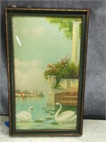 1920's Swans Colored Lithograph Period Frame