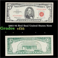 1963 $5 Red Seal United States Note Grades vf++