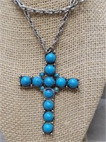 3" Cross Pendant Faux Turquoise w/ Silvertone