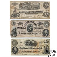 LOT OF (3) 1862-1864 $100 CSA CONFEDERATE NOTES