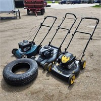 3- Push Mowers as is, 15" Weather checked tire