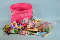 Pink Cloth Bucket with Lego Friends Inside