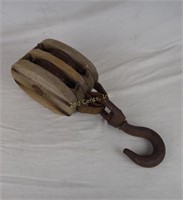 Vintage Metal & Wood Pulley W/ Large Hook