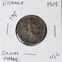 1908 FRANCE SILVER FRANC   VF