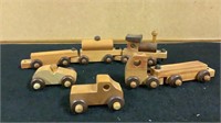 wood toy train, tractor trailer, race car & pickup