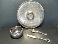 Silver-Plated Serving Tray, Sugar Bowl, Knife and
