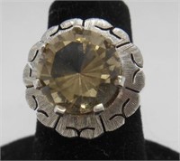 LARGE CITRINE IN EMBOSSED STERLING SILVER RING