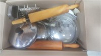 Box Of Misc Kitchen Items - Rolling Pins, Pots &