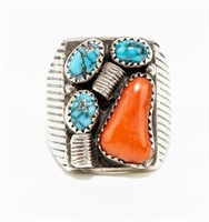 Jewelry Sterling Silver Coral & Turquoise Ring