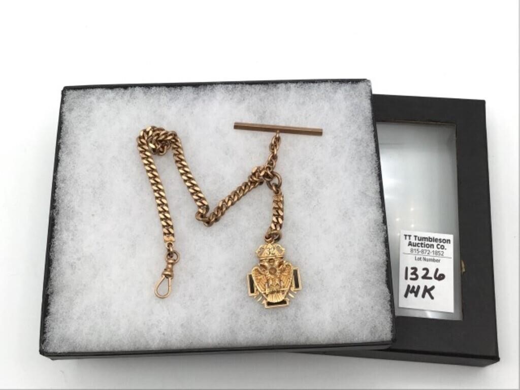 Heavy Watch Chain w/ Ornate 14K Gold  Masonic