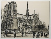 1957 G. F. Beaudelet Notre Dame Charcoal Drawing