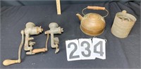 Copper tea pot, 2 meat grinders & Flour sifter