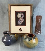 Framed Art & Geode and Pottery