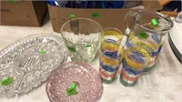 GLASS RELISH TRAY, LEMONADE PITCHER W/ 3 GLASSES