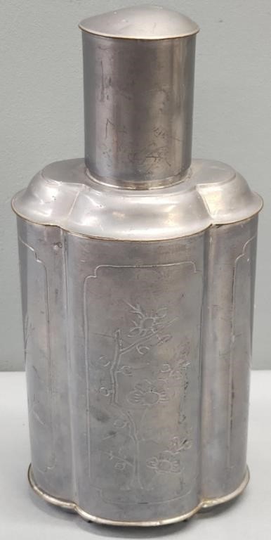 Chinese Pewter Engraved Tea Caddy