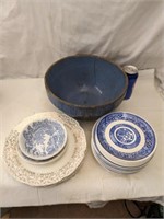 Blue Stoneware Bowl and Asst. China, as found