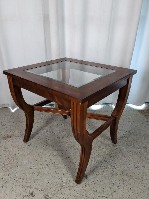 Vintage Cherry Wood Glass Side Table