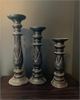 Set of 3 Carved Wooden Candlesticks to 18"