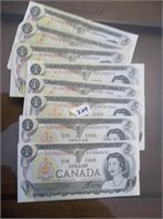 8 Canadian 1973 One Dollar Bills