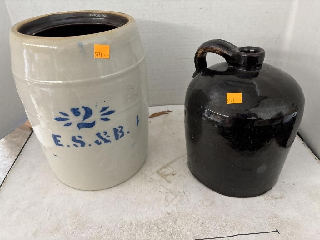 E.S. & B. #2 Stoneware Crock & Whiskey Jug