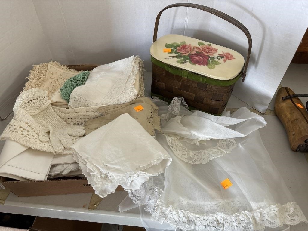 Basket, Doilies, Misc Lot