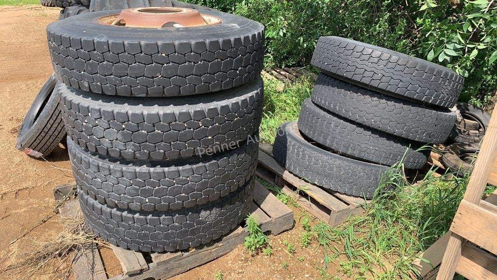 (8) 11R22.5 Tractor Truck Tires w/ (4) Rims