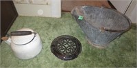 Coal bucket, tea pot, cover