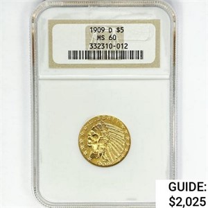 1909-D $5 Gold Half Eagle NGC MS60
