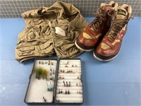 LAKESTREAM FLY FISHING BOOTS, VINTAGE FLYS & VEST