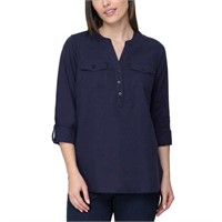 Tahari Women's SM Roll Sleeve Henley Shirt, Blue