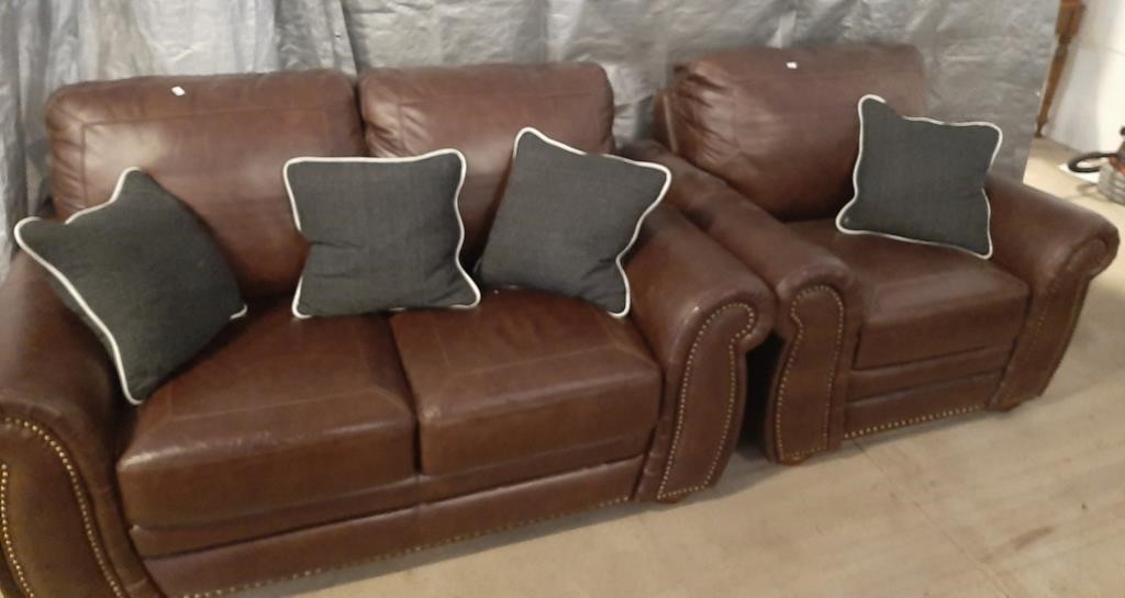 Brown leather-like loveseat and chair set