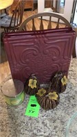 Metal deco bag, candle and wood fruit art