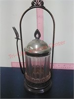 Vtg Glass Olive Pickle Jar Stand & fork