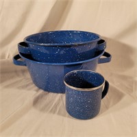 Blue Enamel Porcelain Pots Pans w 2 coffee cup