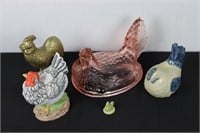 Assorted Chicken Collectibles (Pink Glass Hen No N