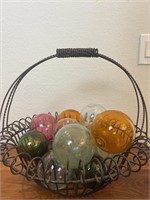 Vintage Metal Wire Basket With Hand Blown Glass