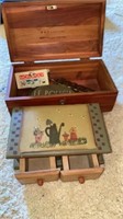 2 wooden boxes with contents, belt buckle, mini