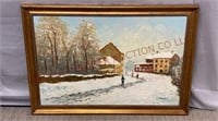 Vintage Oil on Canvas Snow Scene Signed Crespi