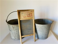 Vintage Galvenized Buckets & Washboard