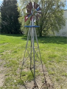 Outdoor metal windmill, approximately 8ft tall