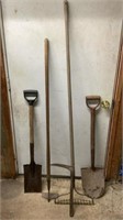 Shovels, rake, garden hoe, hand scythe