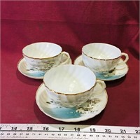 3 Pairs Of Handpainted Vintage Teacups & Saucers