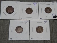 5 diff. Seated Liberty SILVER dimes 1877-1888