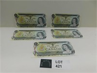 5 1973 CANADA 1 DOLLAR BILLS IN SEQUENCE