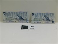 2 1986 CANADA 5 DOLLAR BILLS IN SEQUENCE