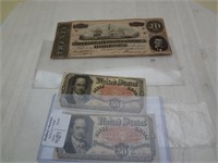 $20 Confederate Bill, 2 0.50Cent Paper Bills