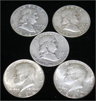(5) Silver Halves Franklin & Kennedy