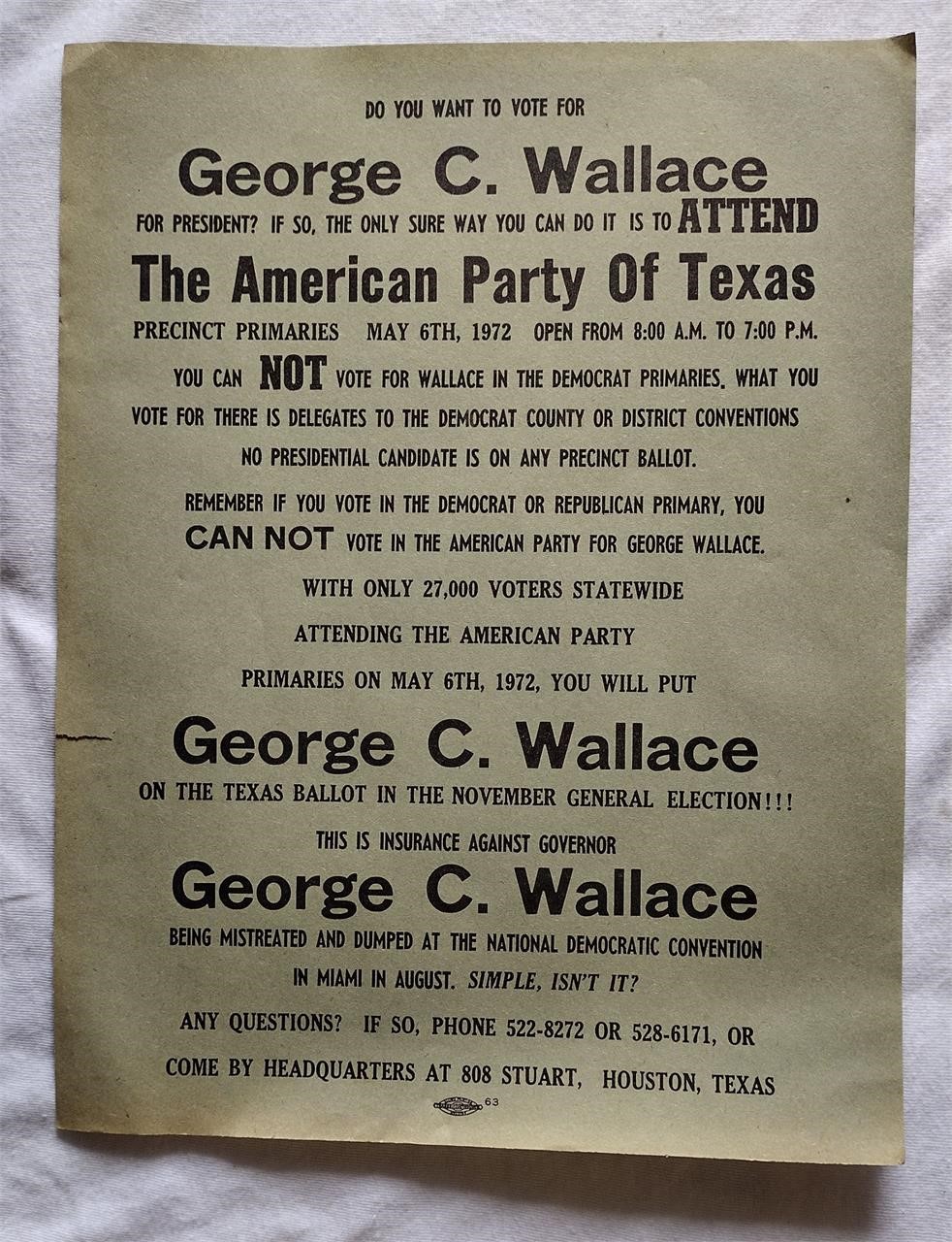 1968  Gov. GEORGE C. WALLACE Lobby Card