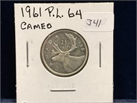 1961 Canadian Silver 25 Cent Piece  PL64  Cameo