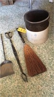 Crock Ash Bucket & (3) Fireplace Tools